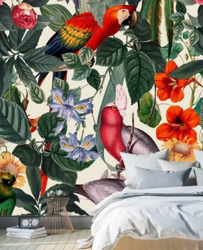 tropical birds and foliage wallpaper