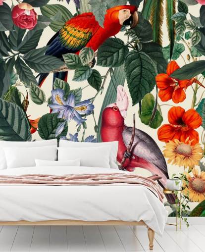 papier peint oiseaux tropicaux et feuillages