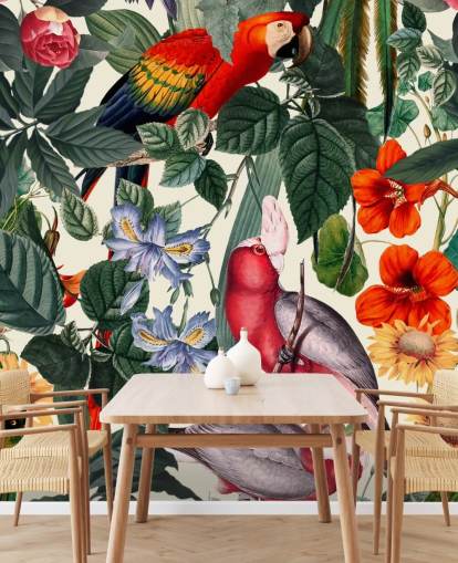 pássaros tropicais e papel de parede folhagem