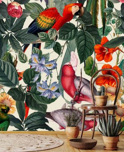 tropical birds and foliage wallpaper