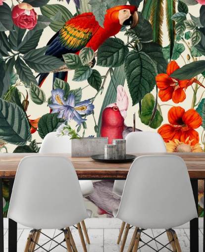 tropical birds and foliage wallpaper