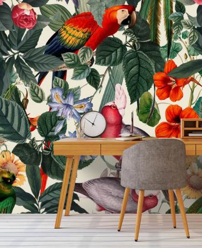 tropical birds and foliage wallpaper