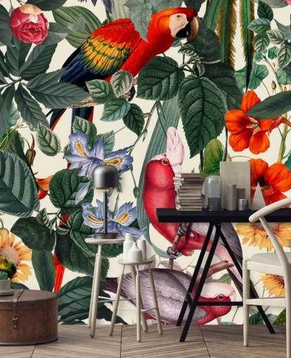 tropical birds and foliage wallpaper