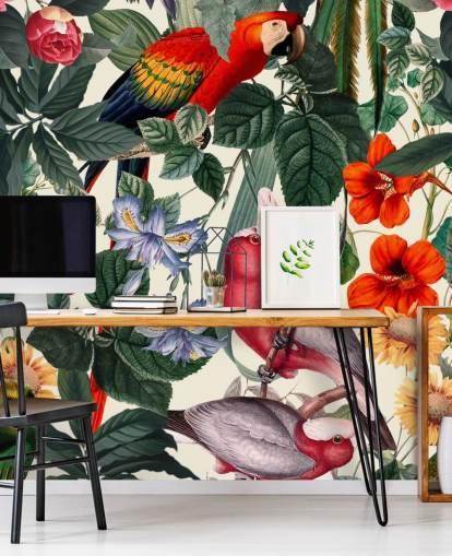 tropical birds and foliage wallpaper