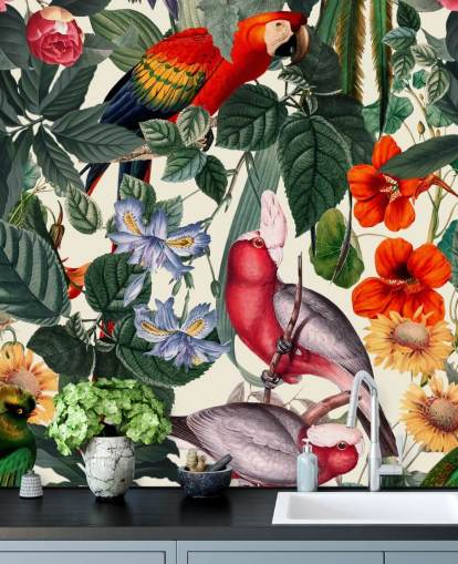 tropical birds and foliage wallpaper