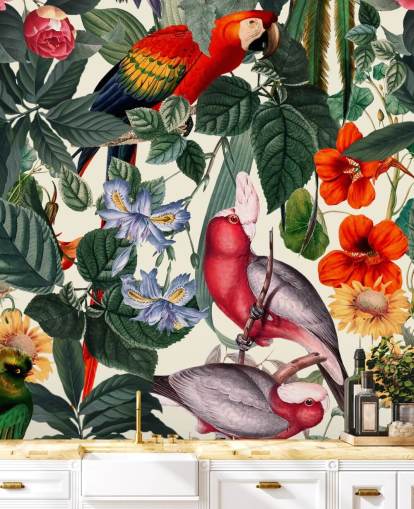 papier peint oiseaux tropicaux et feuillages