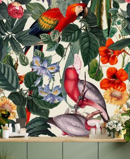 carta da parati uccelli tropicali e fogliame