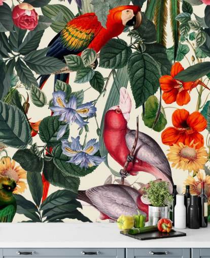 carta da parati uccelli tropicali e fogliame