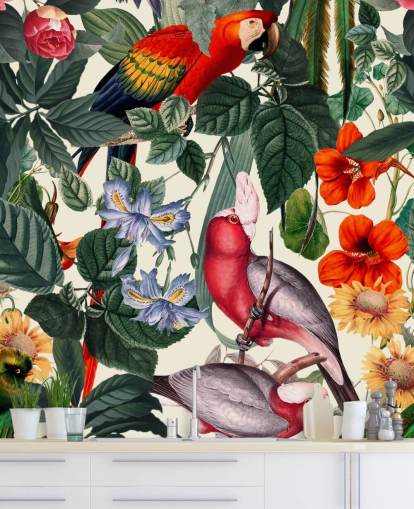 tropical birds and foliage wallpaper