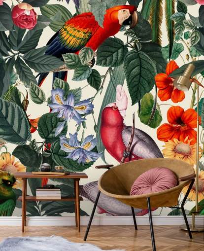 papier peint oiseaux tropicaux et feuillages