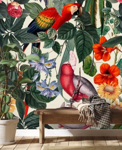 tropische vogels en gebladerte behang