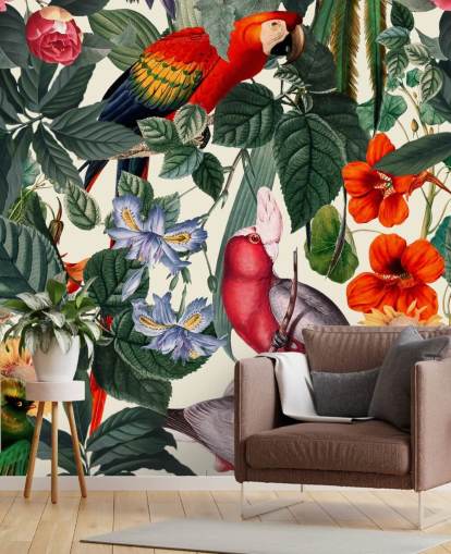 papel pintado de pájaros tropicales y follaje