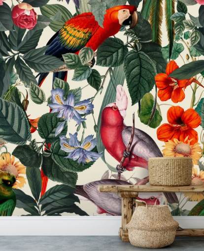 papel pintado de pájaros tropicales y follaje
