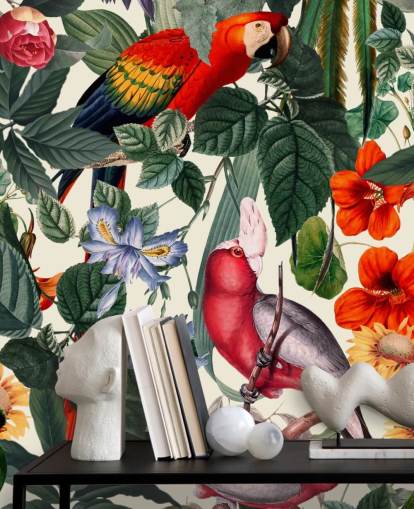papel pintado de pájaros tropicales y follaje