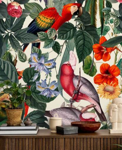 papier peint oiseaux tropicaux et feuillages