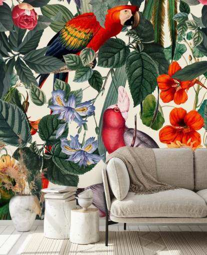 pássaros tropicais e papel de parede folhagem
