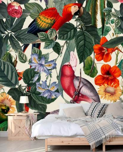 papel pintado de pájaros tropicales y follaje