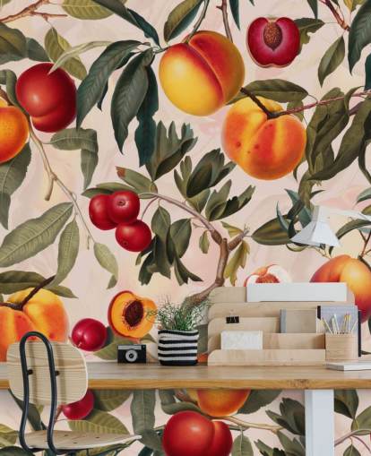 perziken en bladeren behang