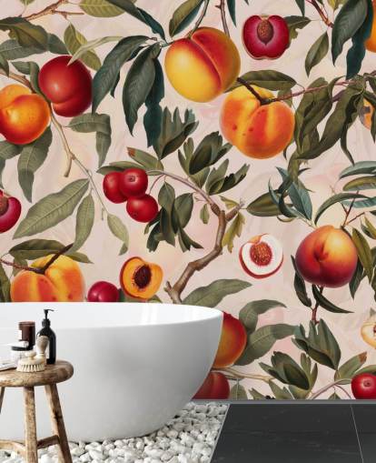 Papel pintado de melocotones y hojas