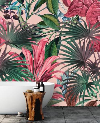 papel de parede da selva de folhas rosa e verdes