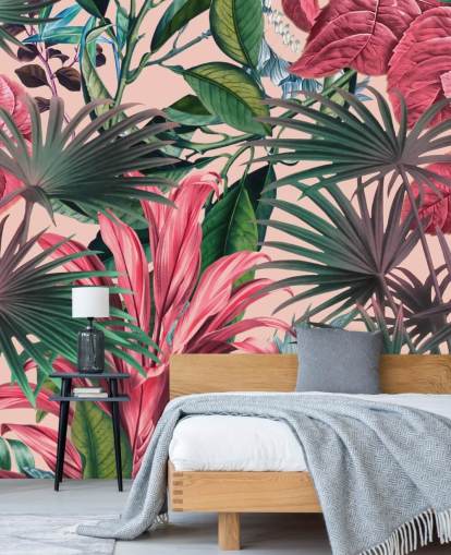 papel pintado hojas rosa y verde selva