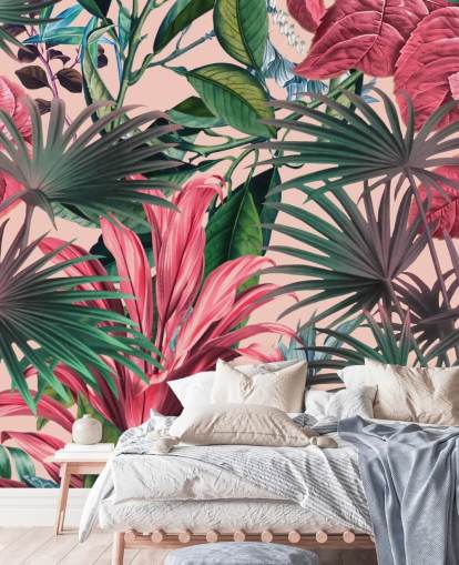 papel de parede da selva de folhas rosa e verdes