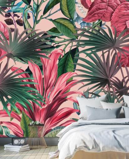 papier peint jungle feuilles roses et vertes