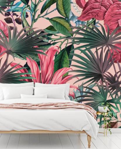 papier peint jungle feuilles roses et vertes