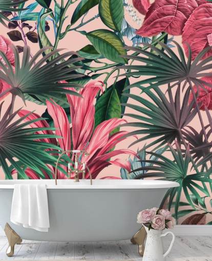 papier peint jungle feuilles roses et vertes