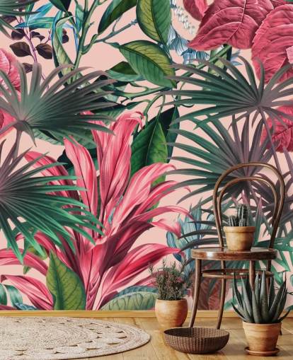 papier peint jungle feuilles roses et vertes