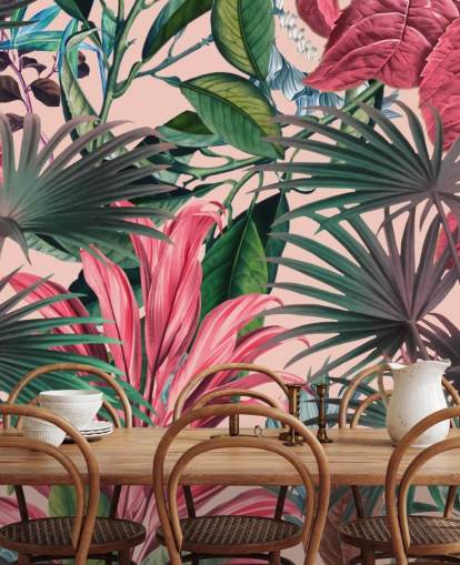 papel de parede da selva de folhas rosa e verdes