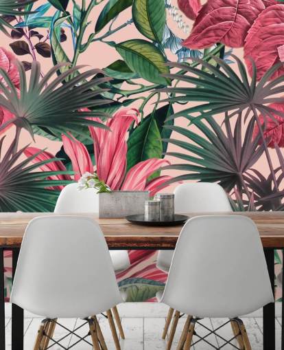 papel pintado hojas rosa y verde selva