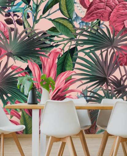 papel pintado hojas rosa y verde selva