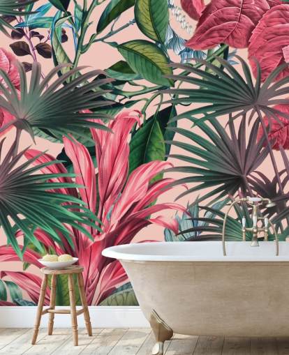 pink and green leaves jungle wallpaper