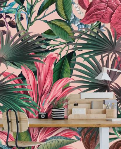 papel pintado hojas rosa y verde selva