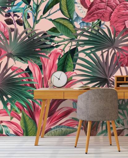 pink and green leaves jungle wallpaper