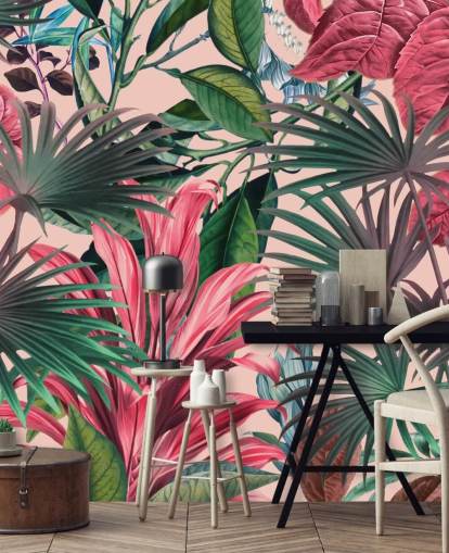 papel de parede da selva de folhas rosa e verdes