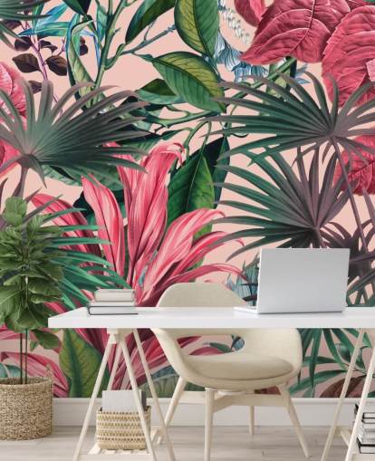 papier peint jungle feuilles roses et vertes