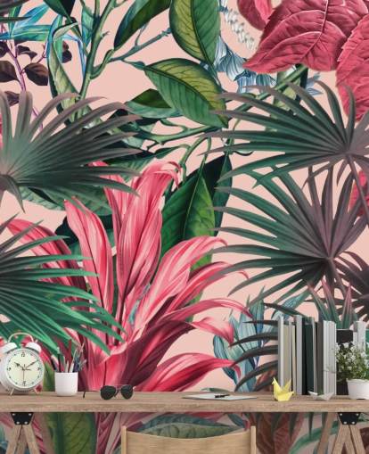 papel de parede da selva de folhas rosa e verdes