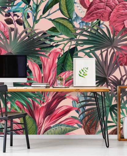 pink and green leaves jungle wallpaper