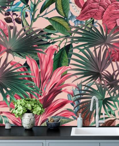 roze en groene bladeren jungle behang