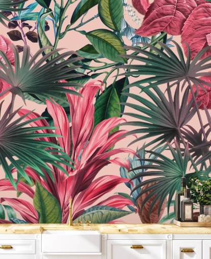 papel pintado hojas rosa y verde selva