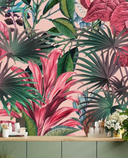 roze en groene bladeren jungle behang