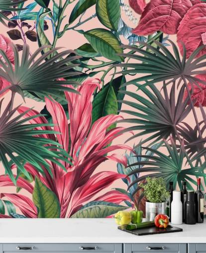 papier peint jungle feuilles roses et vertes papier peint jungle feuilles roses et vertes