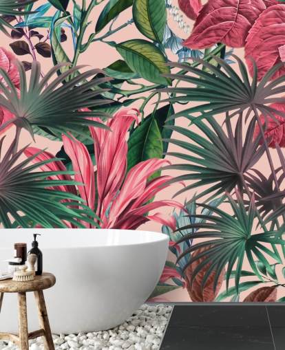 papel pintado hojas rosa y verde selva