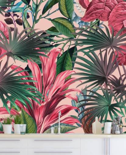 papel pintado hojas rosa y verde selva