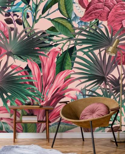 roze en groene bladeren jungle behang