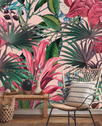 papel de parede da selva de folhas rosa e verdes