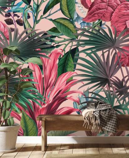 roze en groene bladeren jungle behang