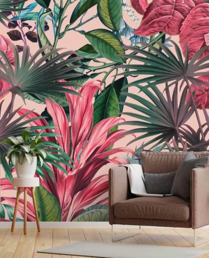 papel de parede da selva de folhas rosa e verdes papel de parede da selva de folhas rosa e verdes